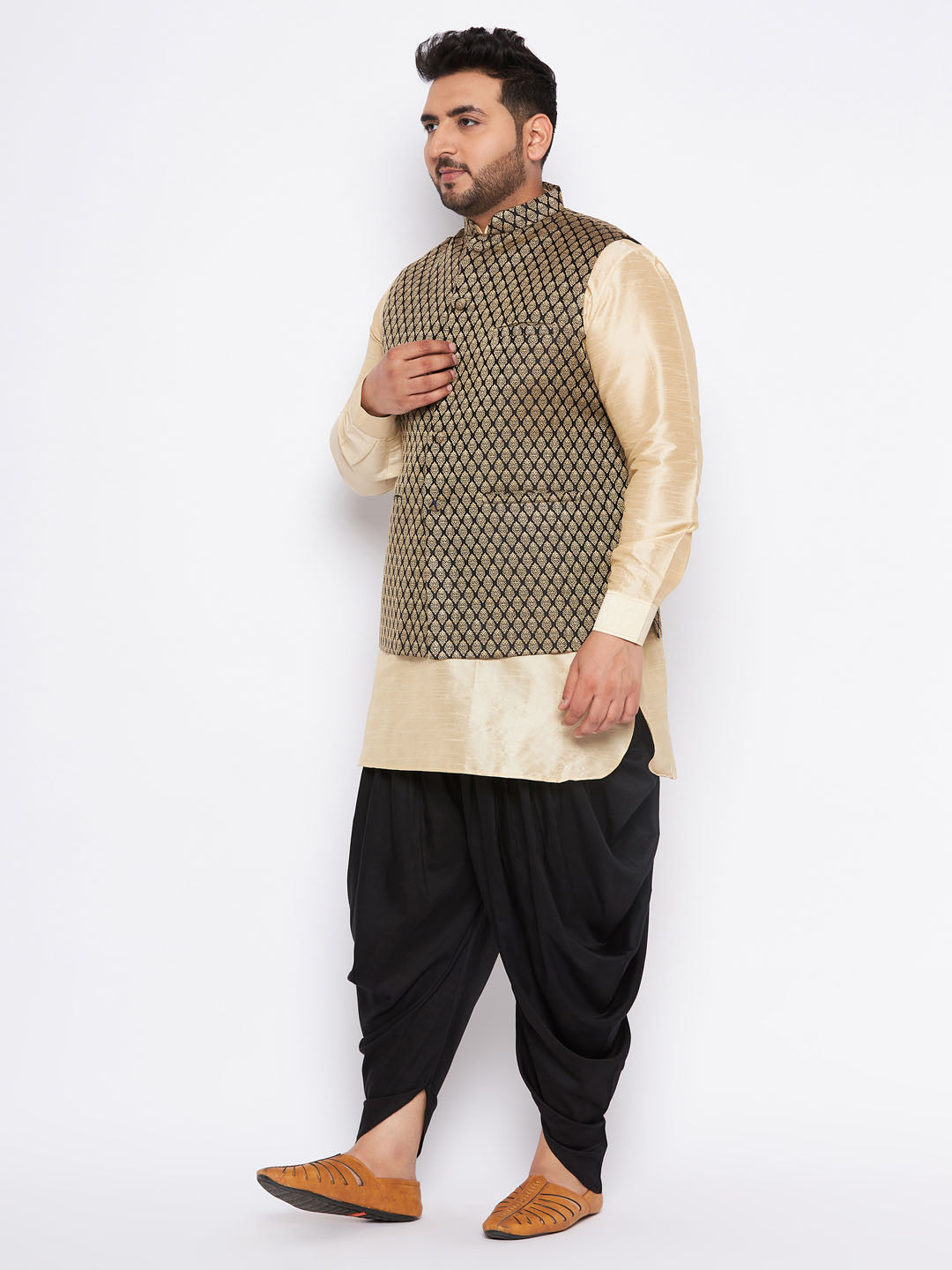 VASTRAMAY Men's Plus Size Black Ethnic Jacket With Golden Silk Blend Kurta and Black Dhoti Set - Traditional Indian Outfit for Special Occasions