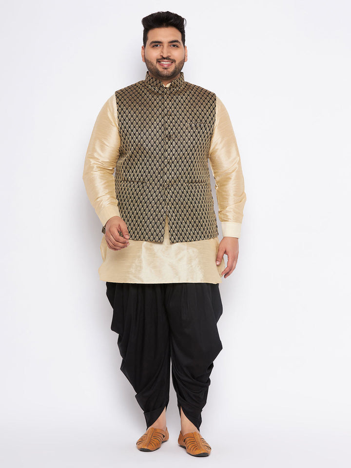 VASTRAMAY Men's Plus Size  Black Ethnic Jacket With golden Silk Blend Kurta and black dhoti Set