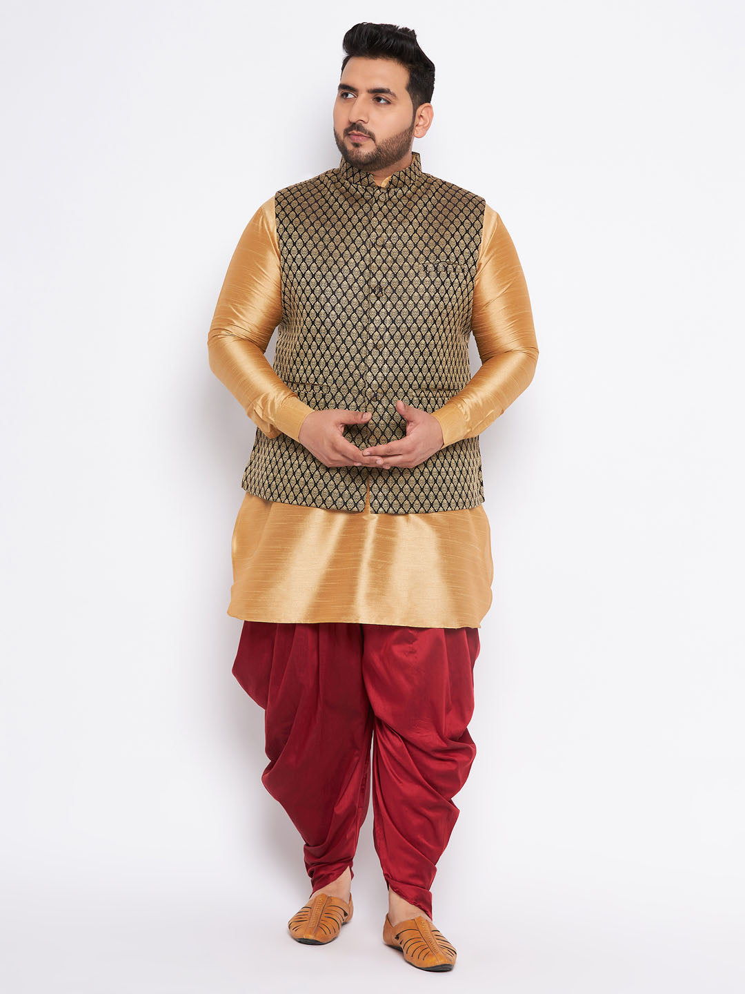 VASTRAMAY Men's Plus Size Black Ethnic Jacket With Rose Gold Silk Blend Kurta and Maroon dhoti Set - qivii