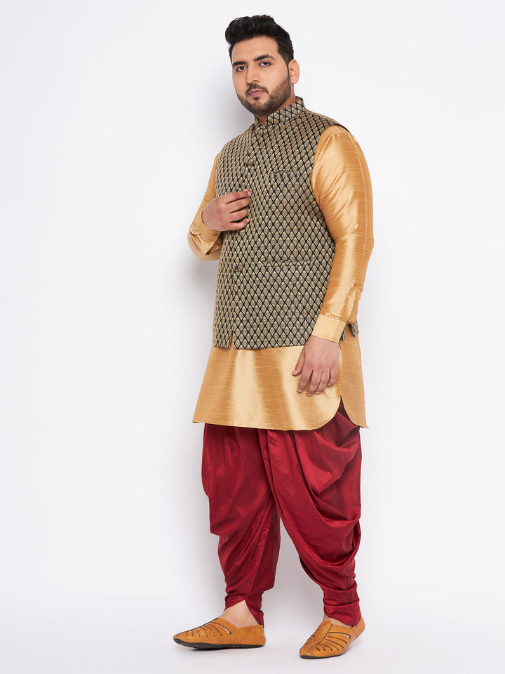 VASTRAMAY Men's Plus Size Black Ethnic Jacket With Rose Gold Silk Blend Kurta and Maroon dhoti Set - Traditional Indian men's outfit with stylish black jacket, rose gold kurta, and maroon dhoti