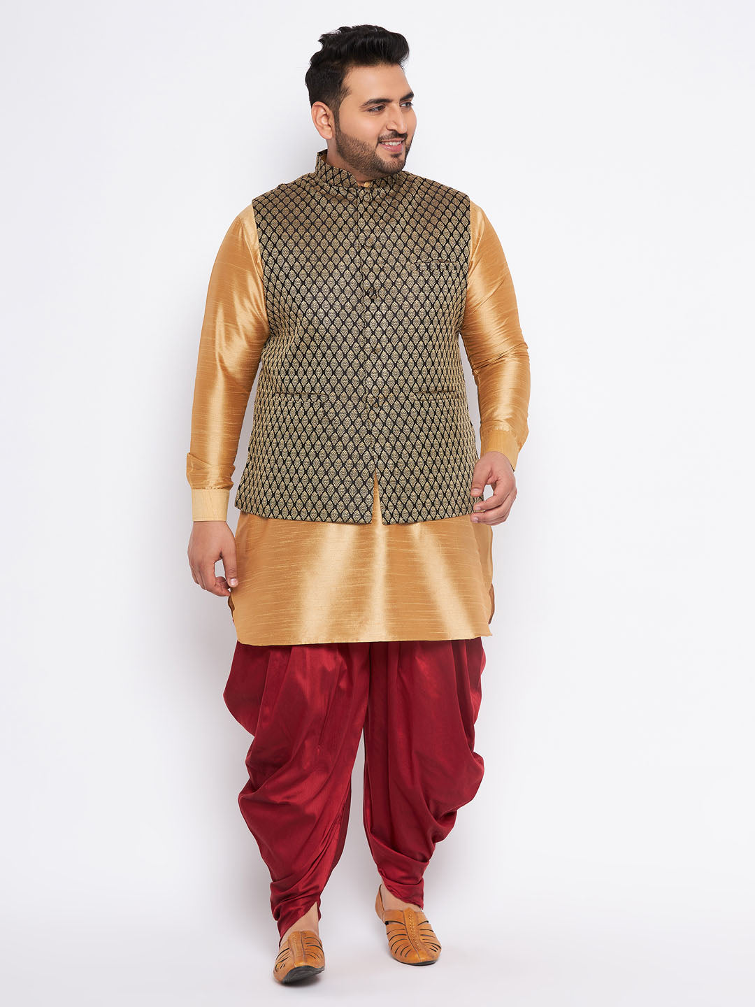 VASTRAMAY Men's Plus Size Black Ethnic Jacket With Rose Gold Silk Blend Kurta and Maroon dhoti Set - qivii