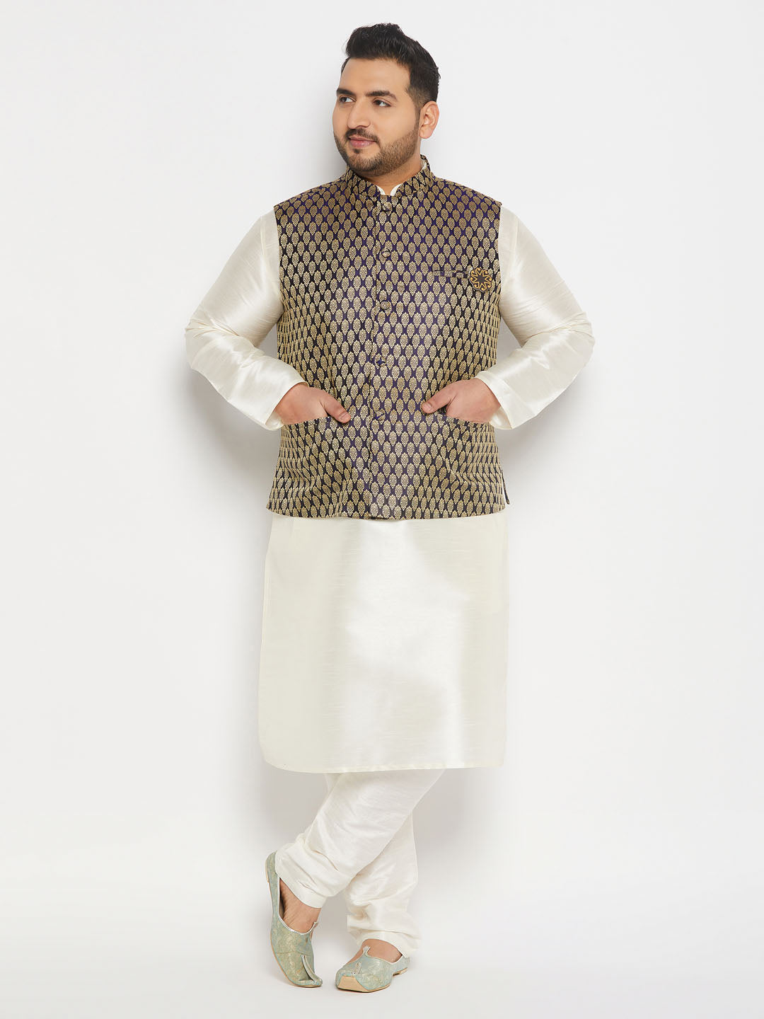 VASTRAMAY Men's Plus Size Blue Ethnic Jacket With Cream Silk Blend Kurta and Pant Style Pyjama Set