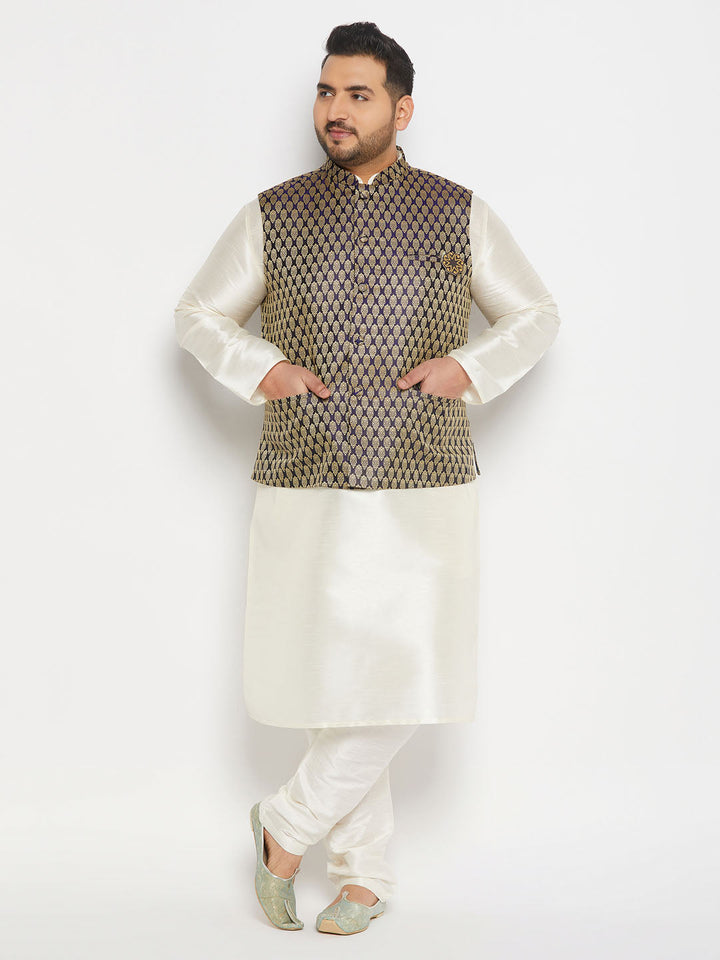 Elegant VASTRAMAY Men's Plus Size Blue Ethnic Jacket paired with Cream Silk Blend Kurta and Pant Style Pyjama Set, a sophisticated choice for traditional celebrations and gatherings