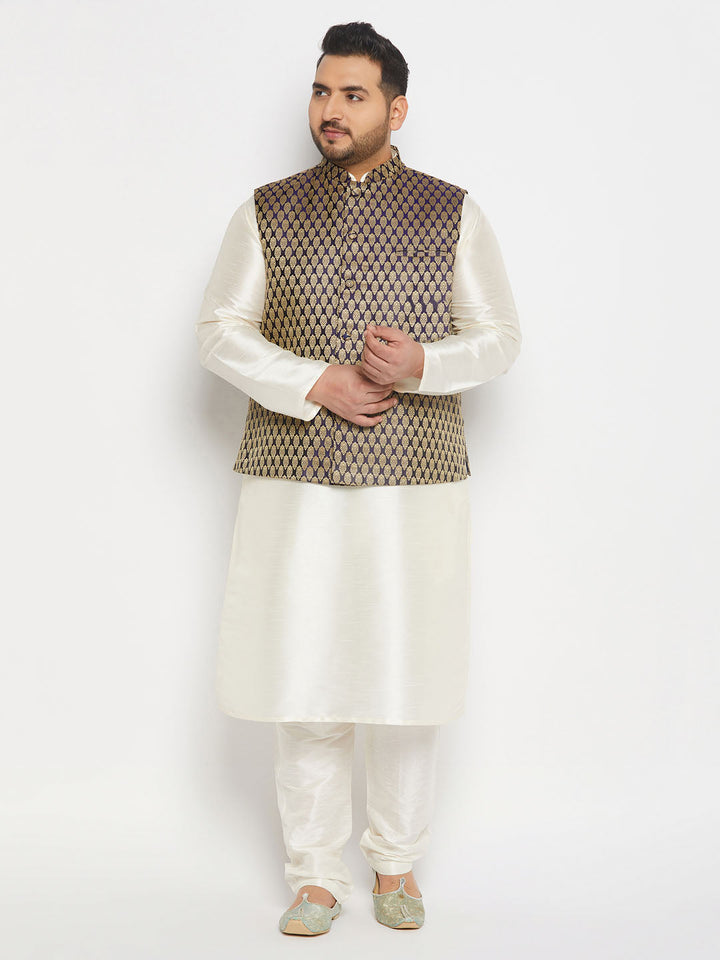 VASTRAMAY men's plus size blue ethnic jacket with cream silk blend kurta and pant style pyjama set, perfect for cultural events and special occasions