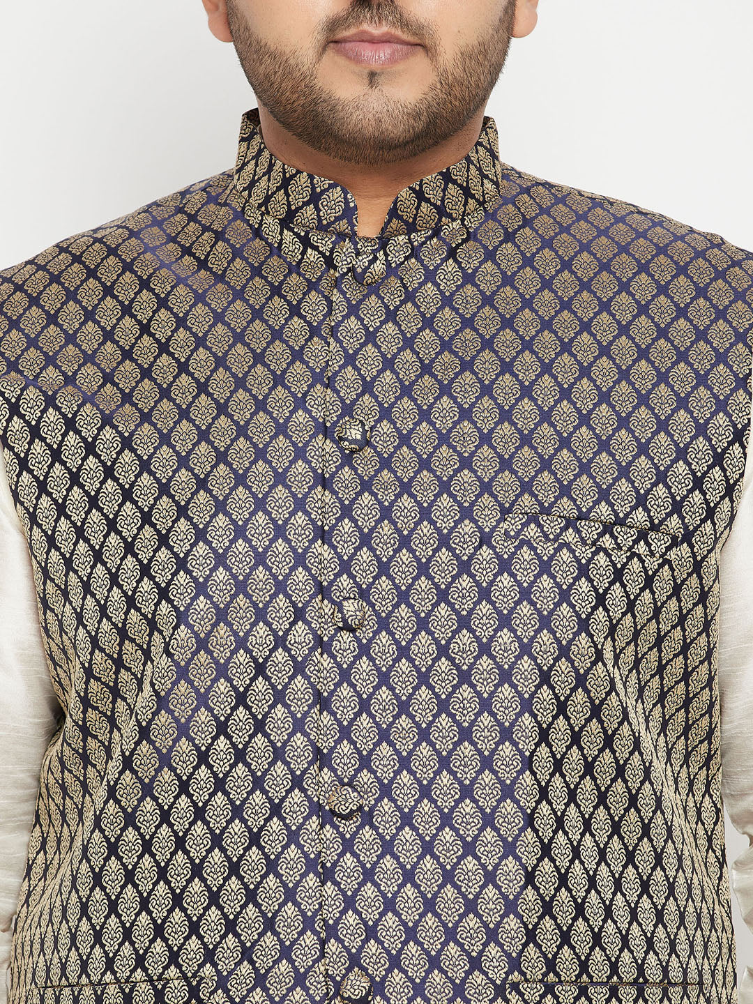 Men's cream and navy blue silk jacket kurta set with elegant embroidery and traditional design