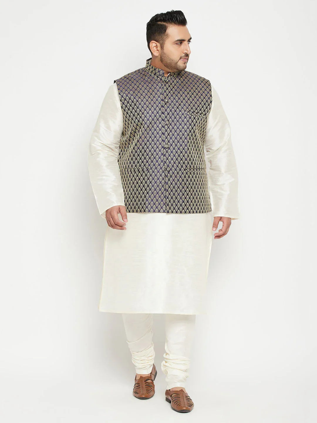 Men's Plus Size Cream And Navy Blue Silk Blend Jacket Kurta Pyjama Set