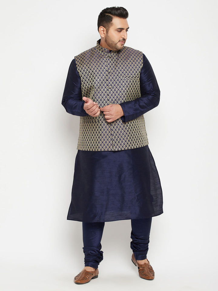 VASTRAMAY Navy Blue Silk Blend Jacket Kurta with Intricate Embroidery