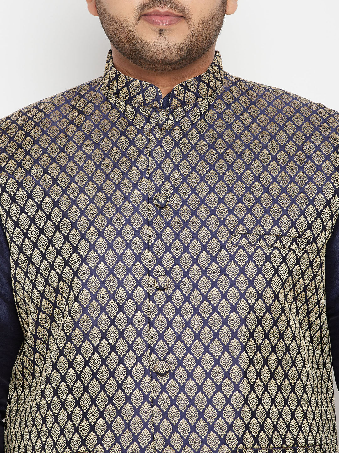 VASTRAMAY navy blue silk blend jacket kurta with intricate embroidery details