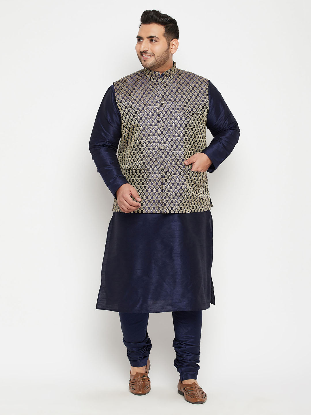 VASTRAMAY Men's Plus Size Navy Blue Woven Silk Blend Jacket Kurta Pyjama Set, traditional Indian ethnic wear for special occasions and events