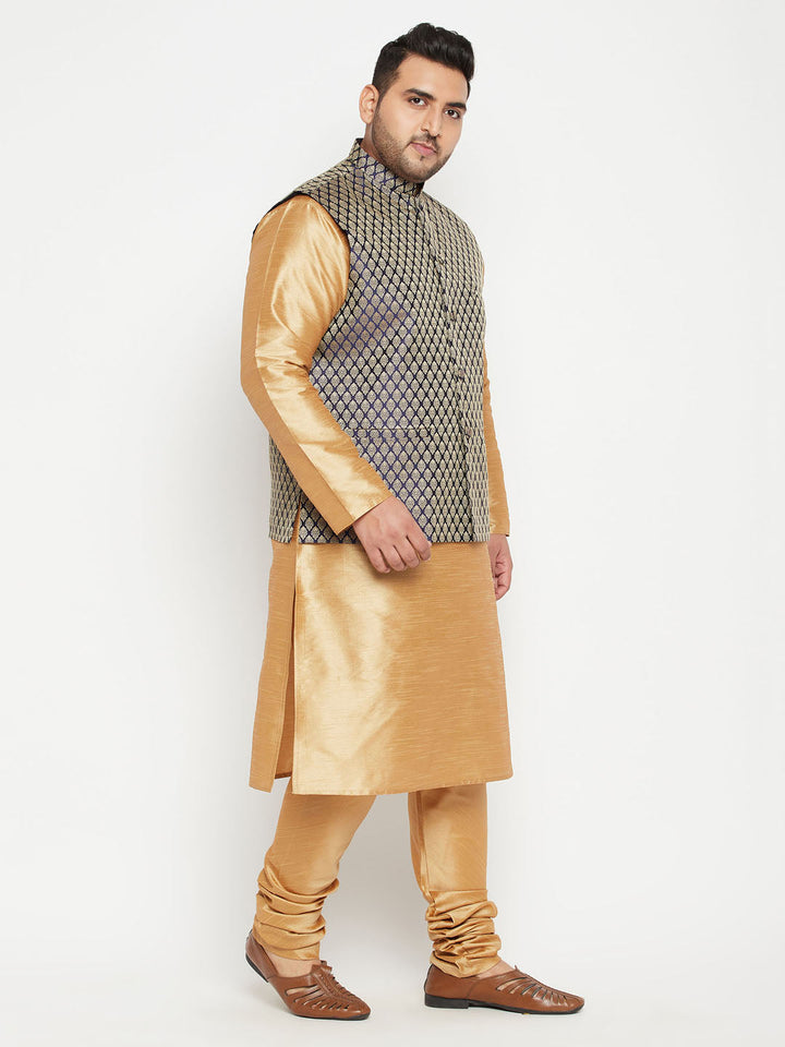 VASTRAMAY Men's Plus Size Rose Gold and Blue Silk Blend Jacket Kurta Pyjama Set on hanger in natural light