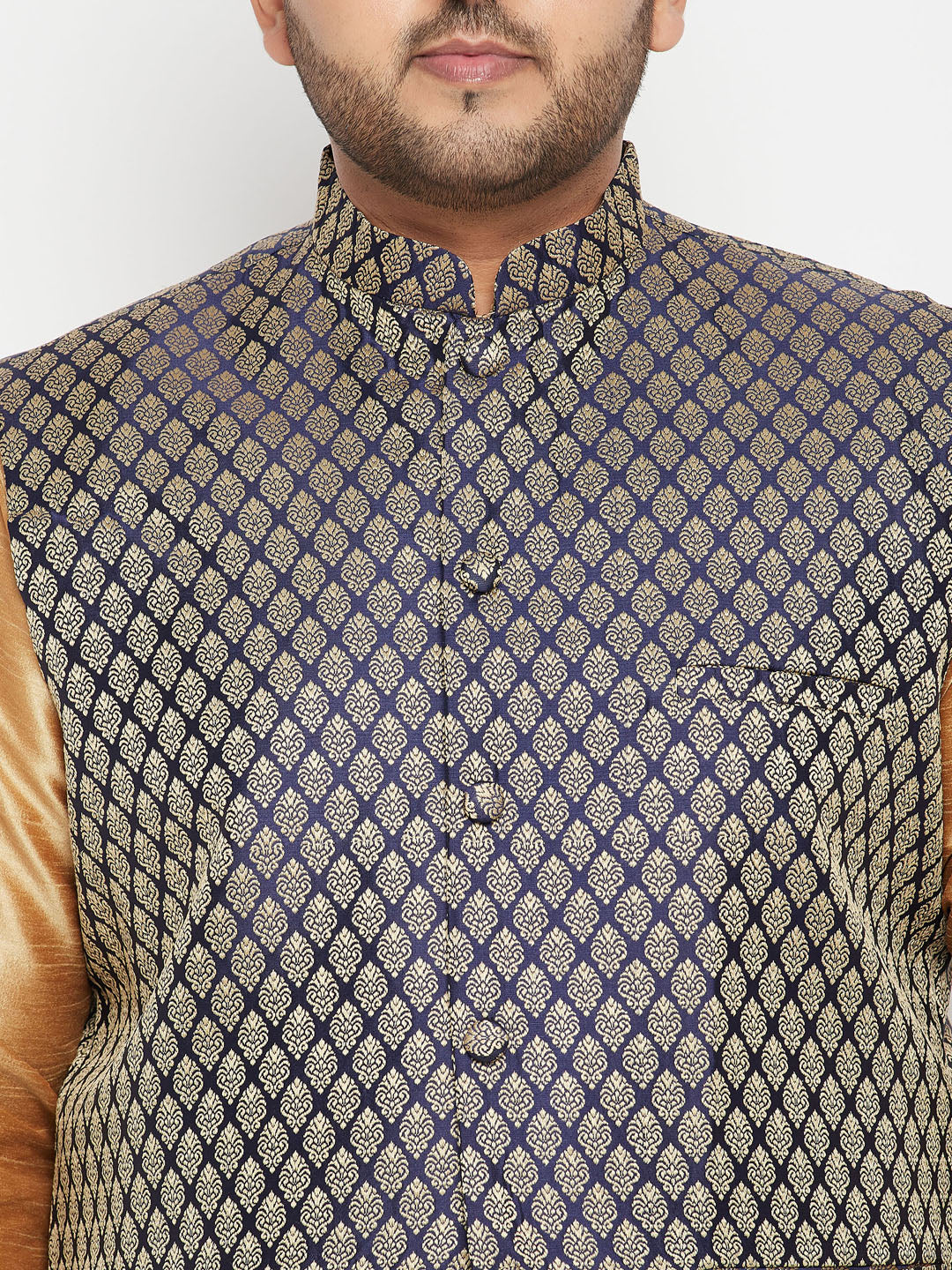 VASTRAMAY Men's Plus Size Rose Gold and Blue woven Silk Blend Jacket Kurta Pyjama Set