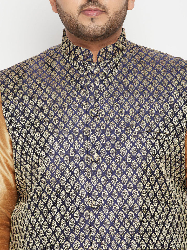 VASTRAMAY Men's Plus Size Rose Gold and Blue Woven Silk Blend Jacket Kurta Pyjama Set - Traditional Indian outfit for special occasions