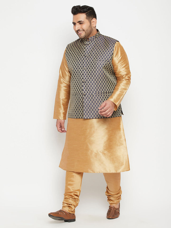 VASTRAMAY Men's Plus Size Rose Gold and Blue woven Silk Blend Jacket Kurta Pyjama Set - Traditional Indian ethnic wear for special occasions