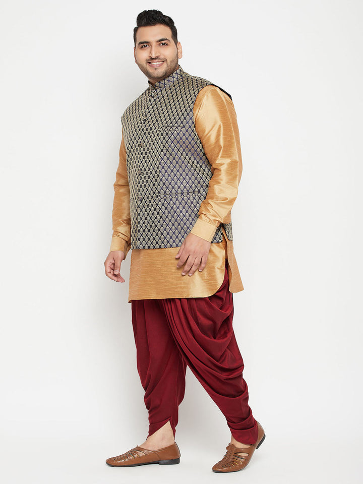 VASTRAMAY Men's Plus Size Rose Gold, Navy Blue and Maroon Silk Blend Jacket Kurta Dhoti Pant Set - Traditional Indian ethnic wear for special occasions