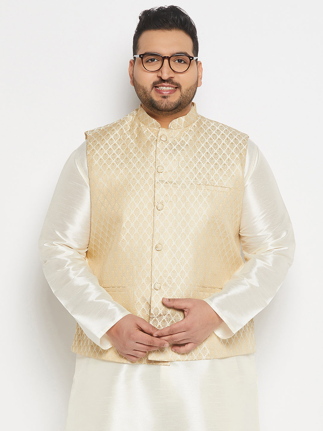 VASTRAMAY Men's Plus Size Cream and Gold Jacquard Nehru Jacket, stylish and traditional Indian ethnic wear for men