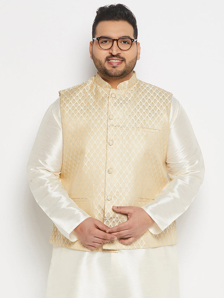 VASTRAMAY Men's Plus Size Cream and Gold Jacquard Nehru Jacket