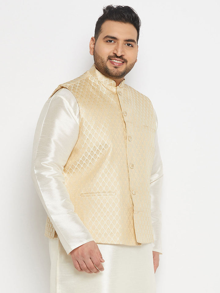 VASTRAMAY Men's Plus Size Cream and Gold Jacquard Nehru Jacket