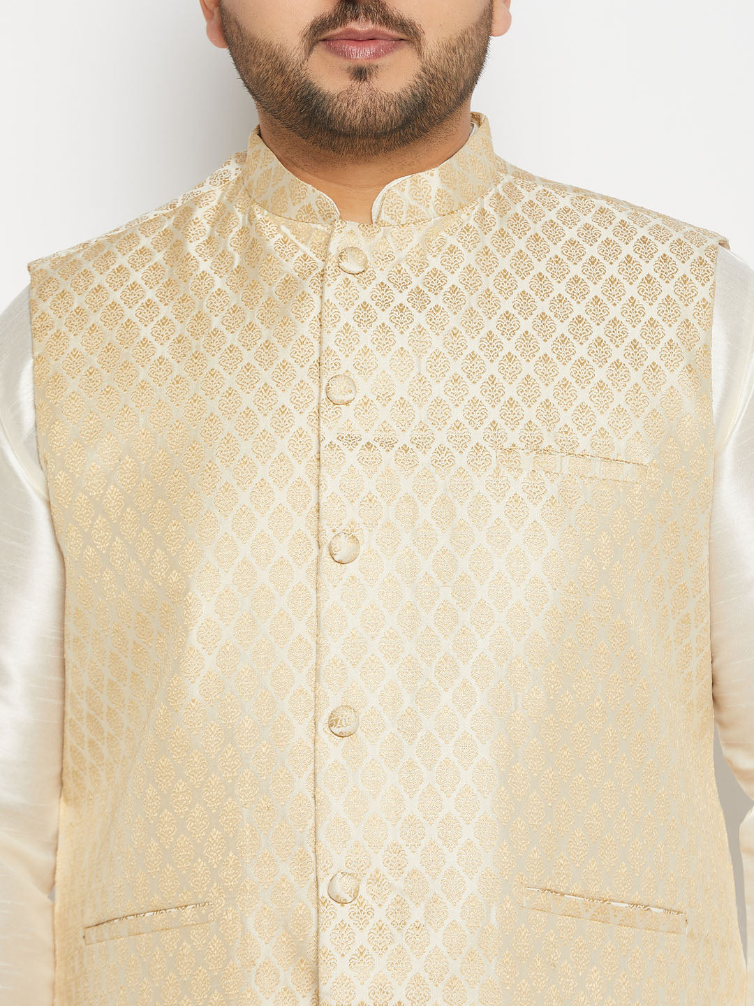 VASTRAMAY Men's Plus Size Cream and Gold Jacquard Nehru Jacket with intricate woven patterns and traditional Indian style