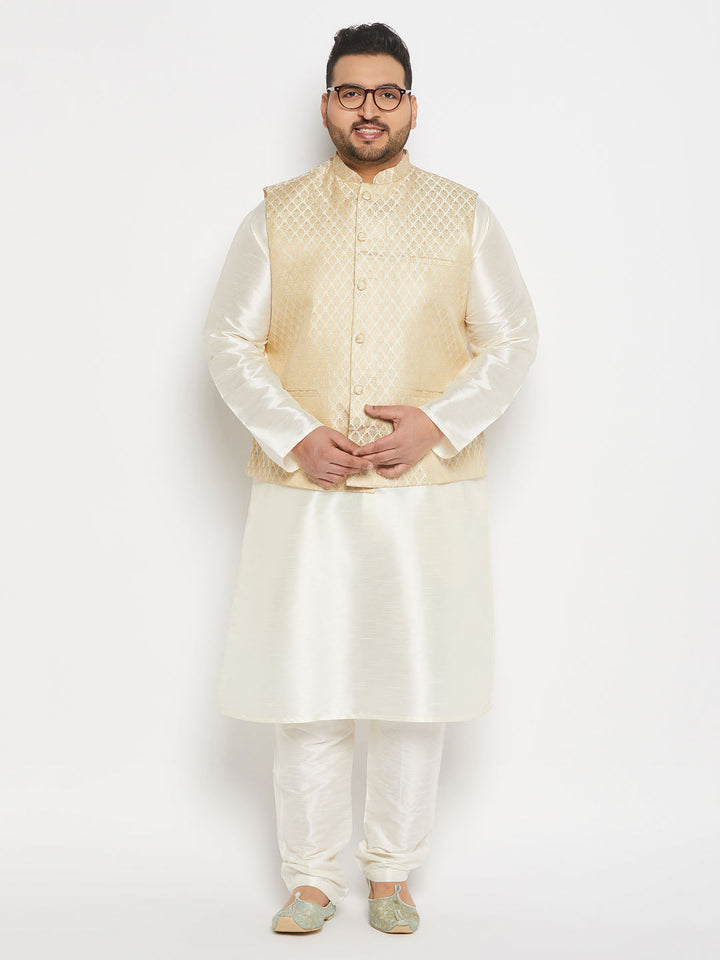 Men's plus size Nehru jacket in cream and gold, featuring intricate jacquard pattern and mandarin collar