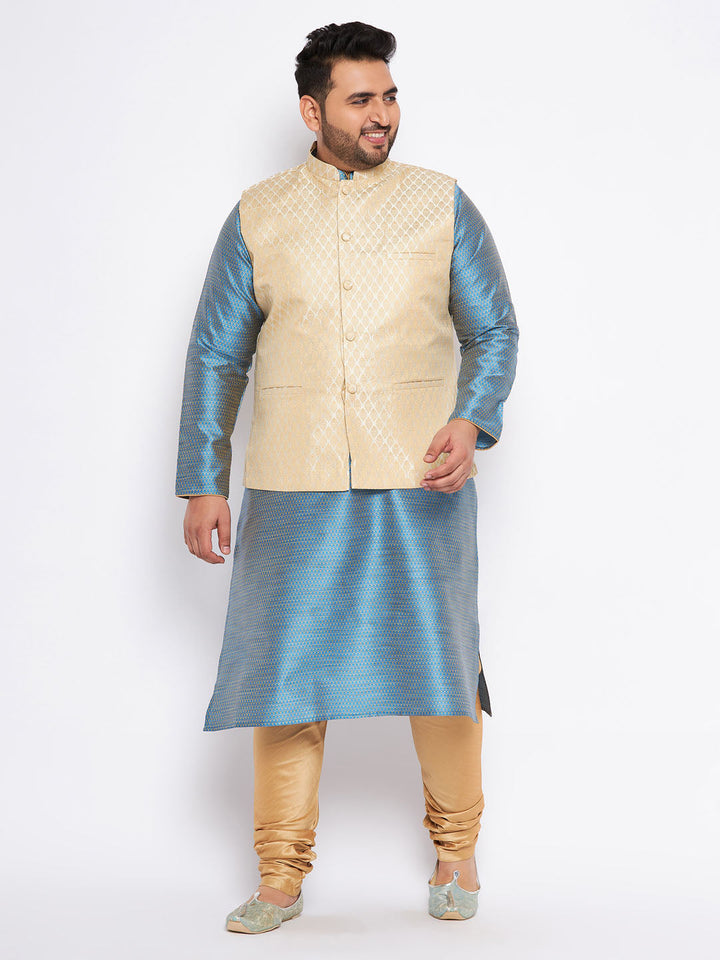 VASTRAMAY Men's Plus Size Cream Ethnic Cream Jacket With Aqua Silk Blend Kurta and Golden Pyjama Set - traditional Indian clothing for men in larger sizes