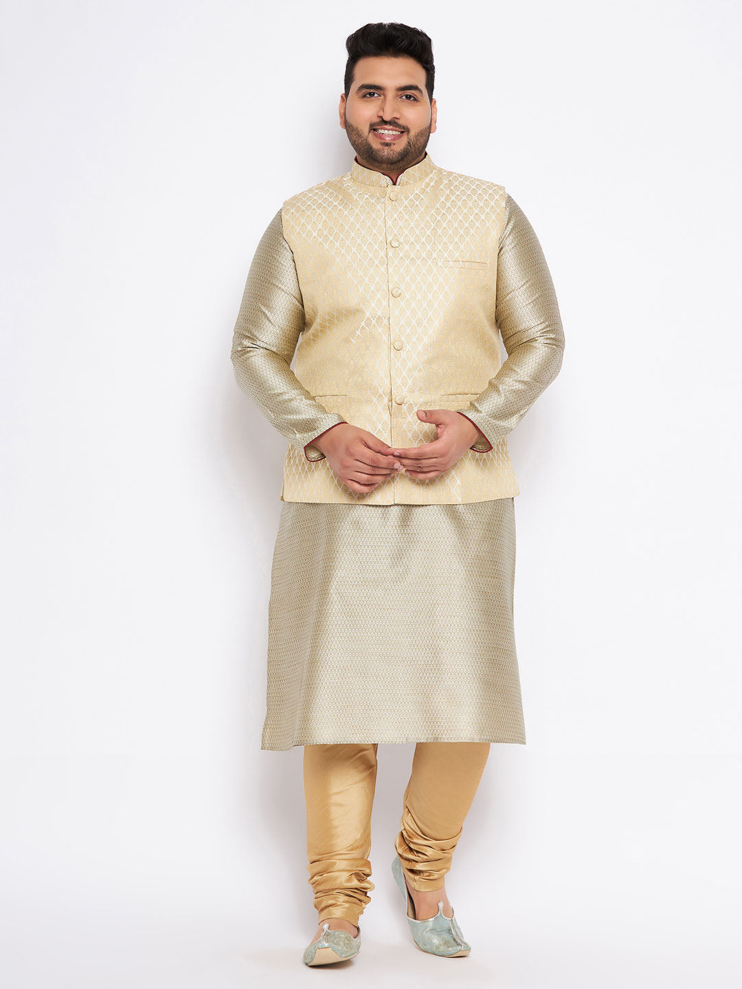 Men's plus size cream ethnic jacket and beige kurta on a mannequin for display