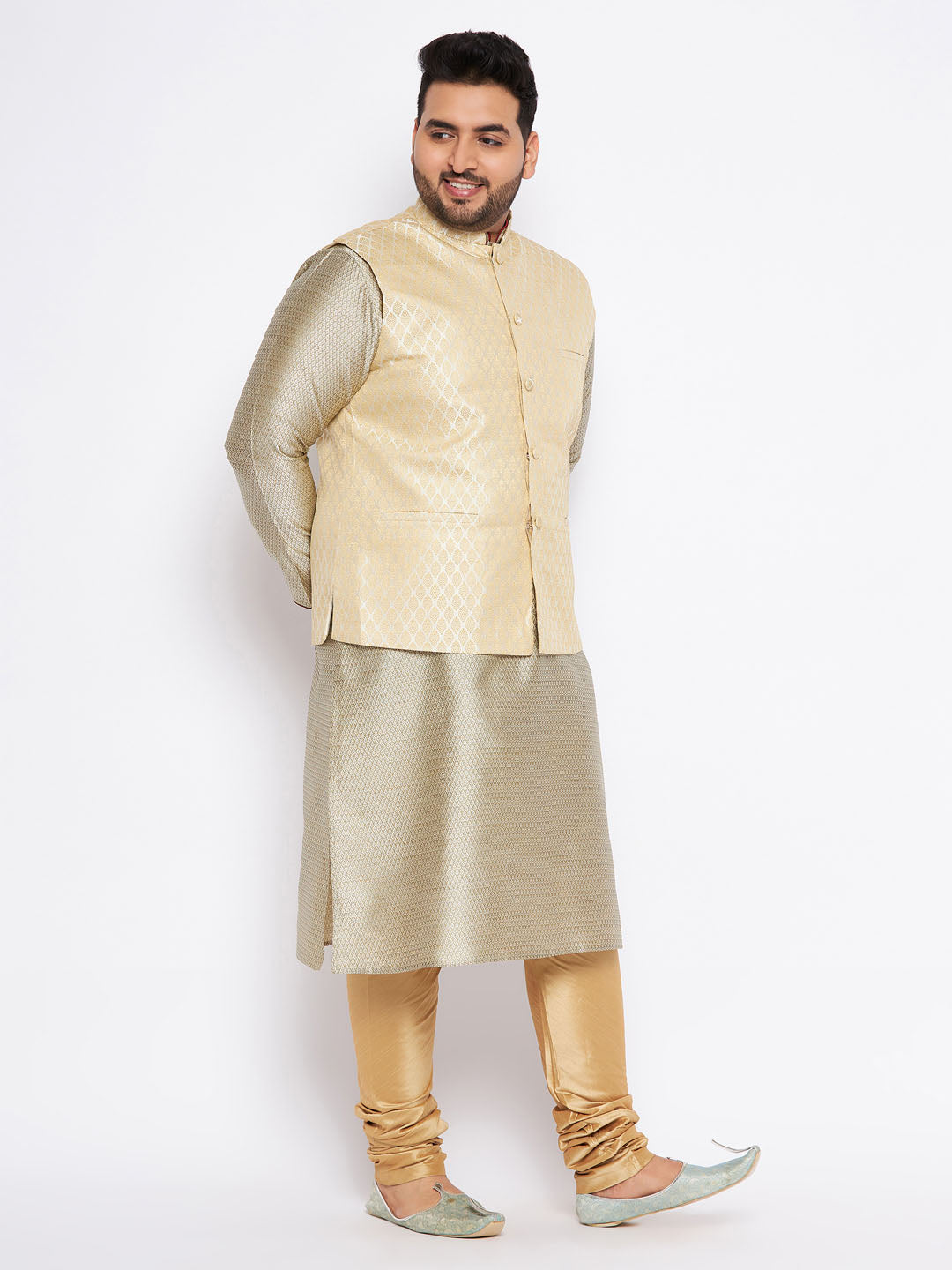 VASTRAMAY Men's Plus Size Cream Ethnic Cream Jacket With Beige Silk Blend Kurta and Golden Pyjama Set