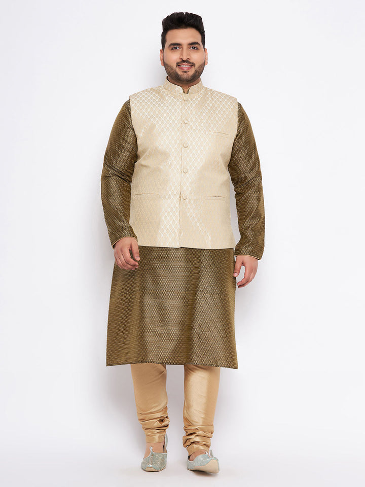 VASTRAMAY Men's Plus Size Cream Ethnic Cream Jacket With Black Silk Blend Kurta and Golden Pyjama Set, perfect for special occasions and traditional events