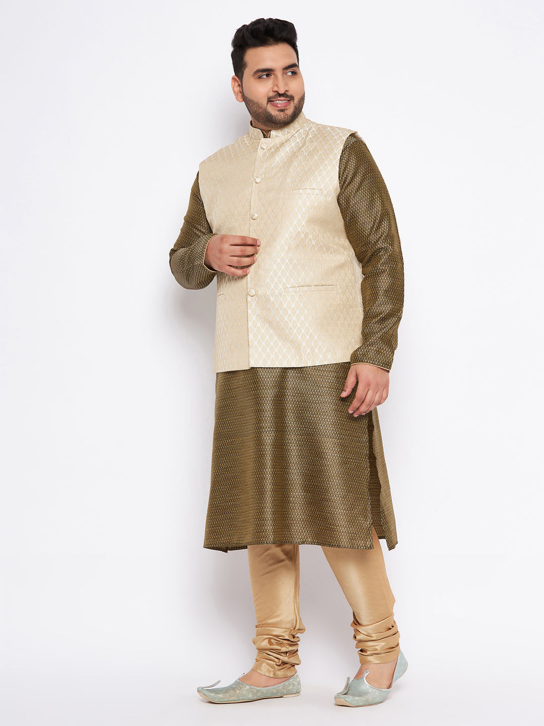 VASTRAMAY Men's Plus Size Cream Ethnic Cream Jacket With Black Silk Blend Kurta and Golden Pyjama Set