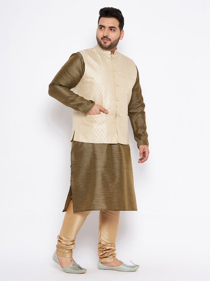 VASTRAMAY Men's Plus Size Cream Ethnic Jacket with Black Silk Blend Kurta and Golden Pyjama Set - Stylish and comfortable traditional Indian attire for men