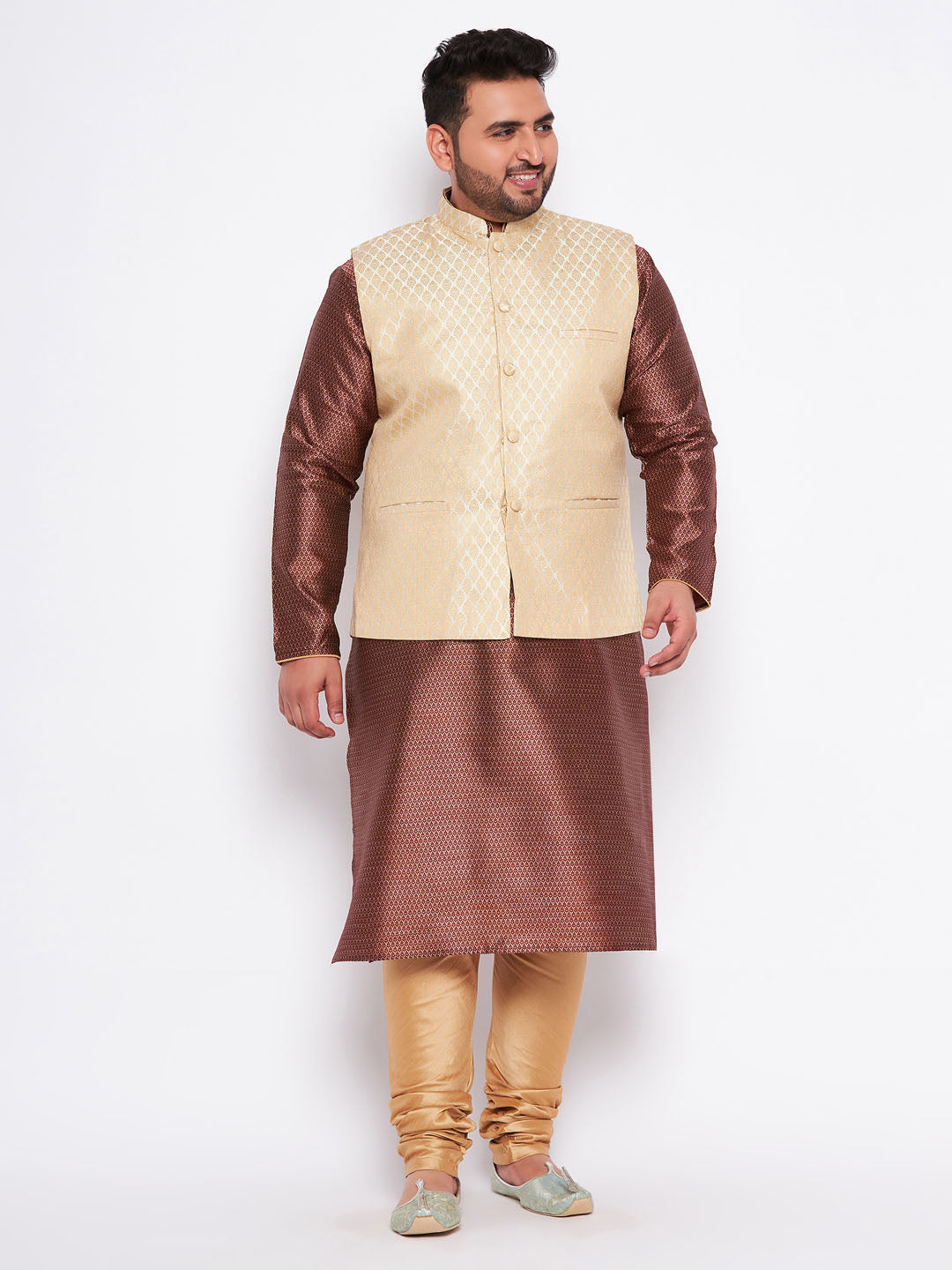 Men's plus size cream ethnic cream jacket with maroon silk blend kurta and golden pyjama set back view