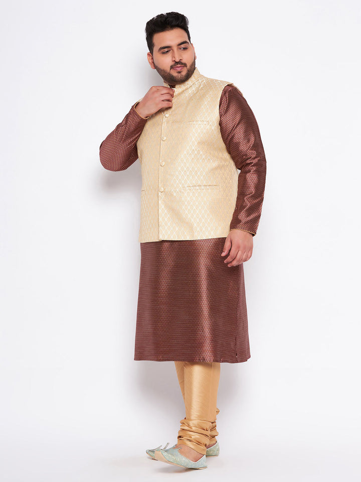 VASTRAMAY Men's Plus Size Cream Ethnic Cream Jacket With Maroon Silk Blend Kurta and Golden Pyjama Set front view with intricate embroidery and button details