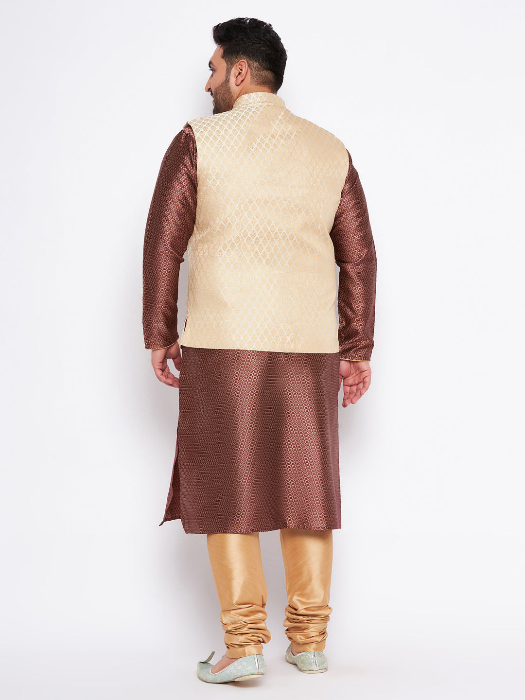 Men's plus size cream jacket with maroon silk blend kurta and golden pyjama set, perfect for ethnic occasions and festivals