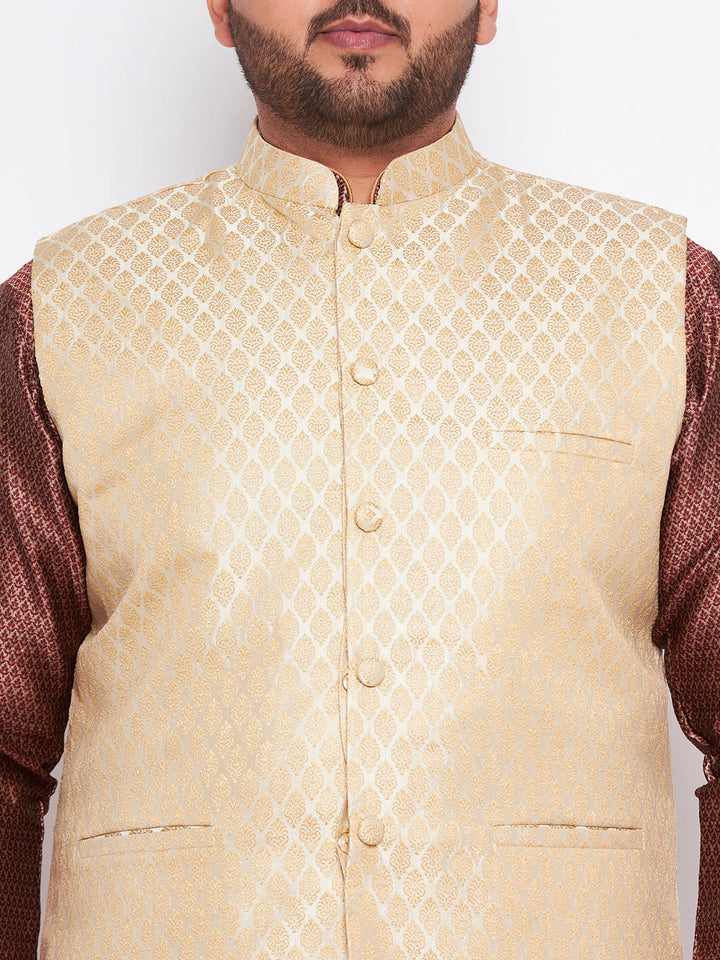 Cream ethnic jacket paired with maroon silk blend kurta and golden pyjama, ideal for traditional events and celebrations