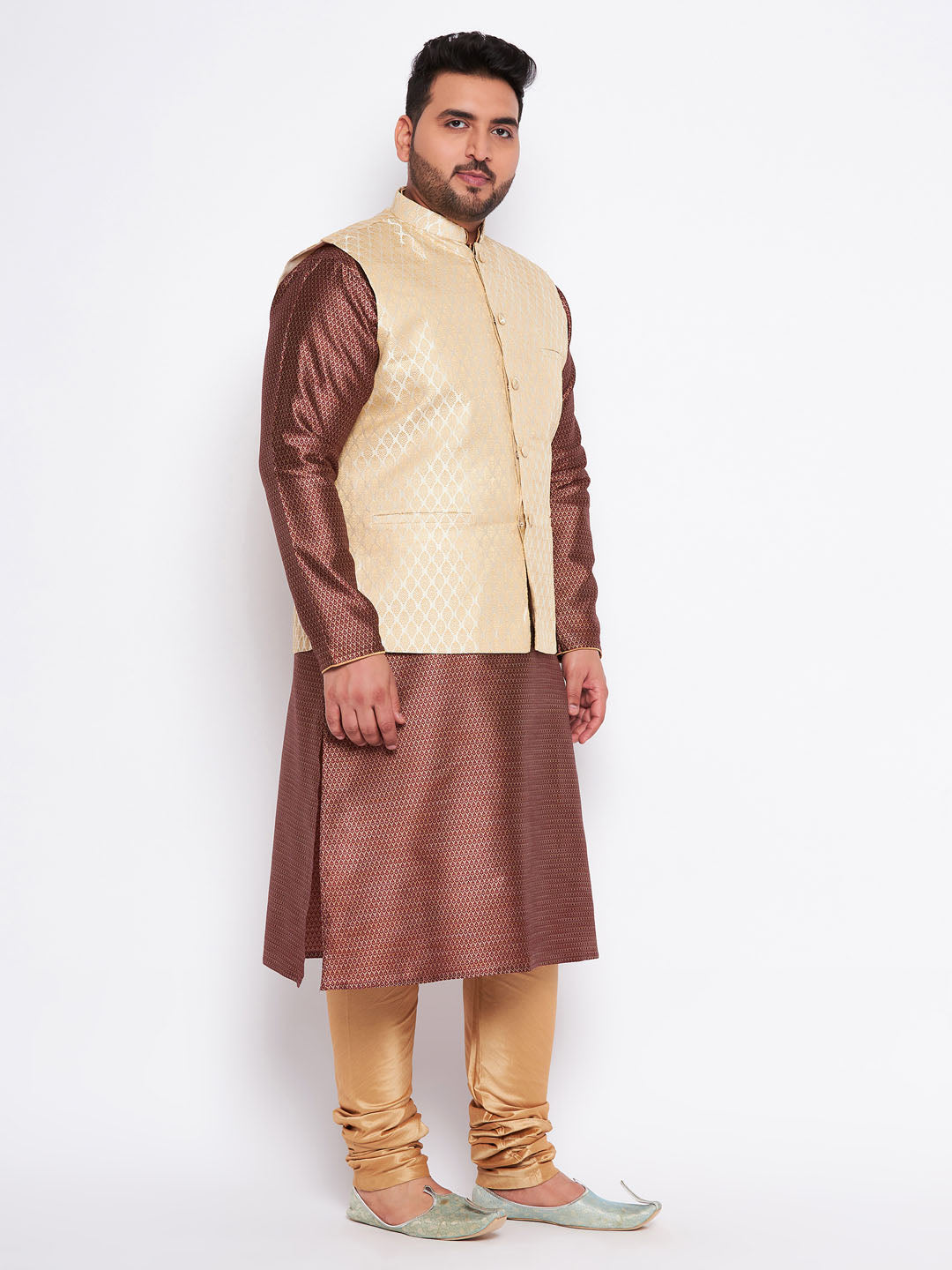 Side view of the cream ethnic cream jacket with maroon silk blend kurta and golden pyjama set