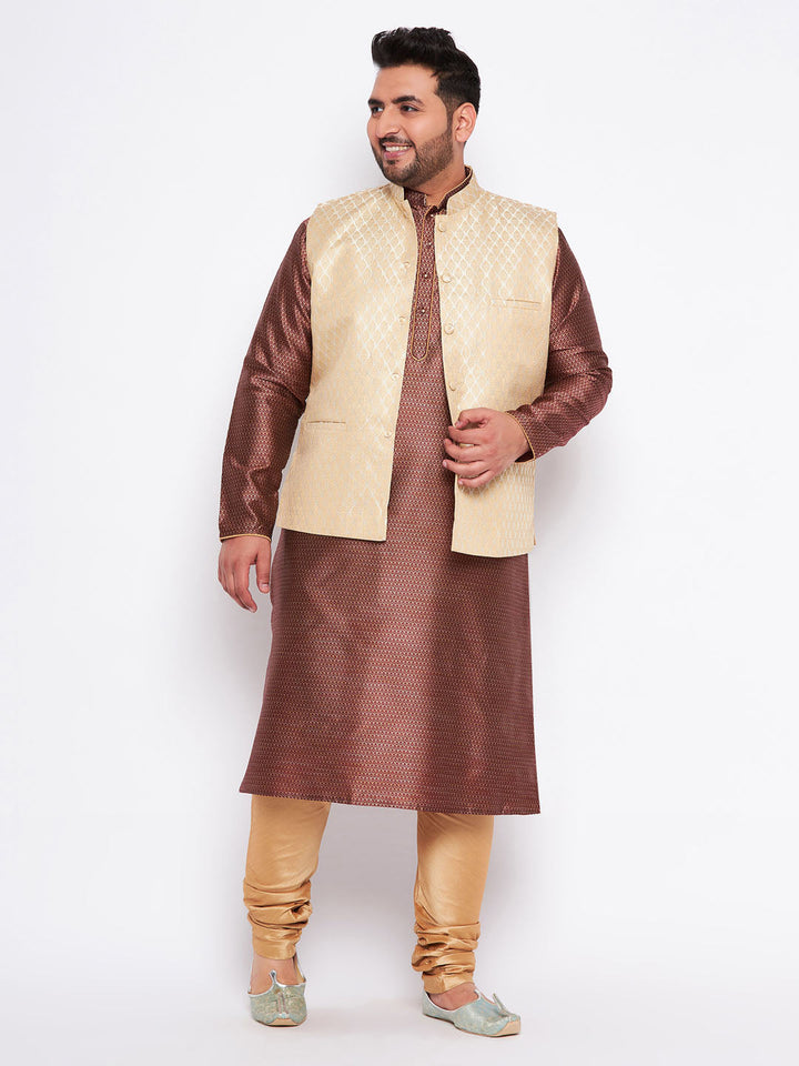 Men's plus size cream ethnic cream jacket with maroon silk blend kurta and golden pyjama set full outfit view