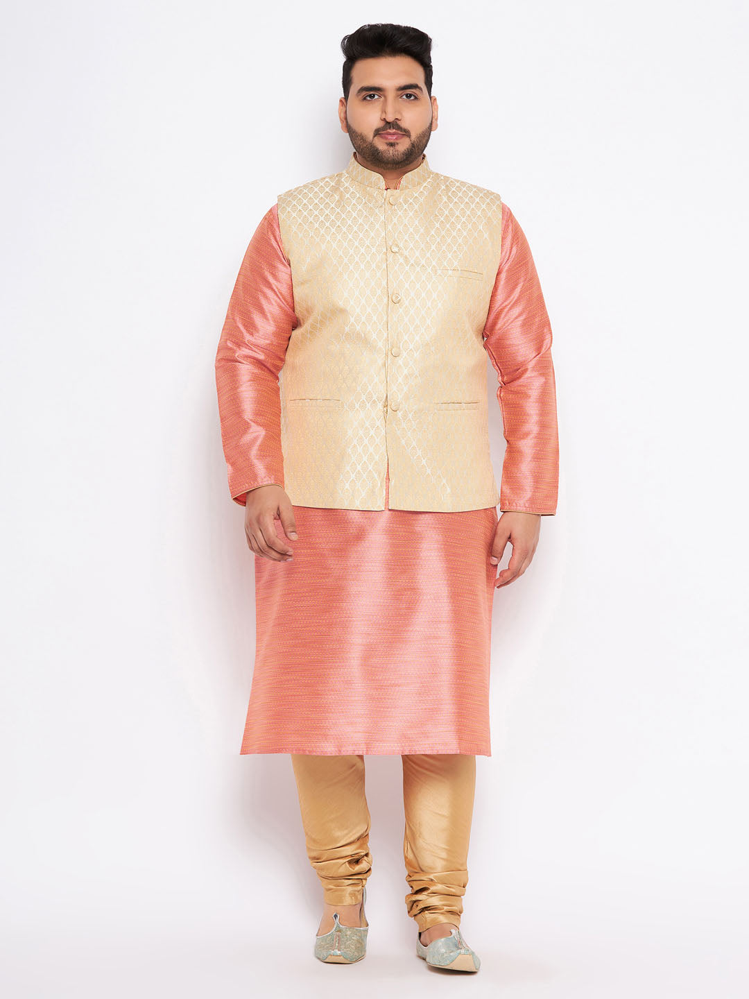 VASTRAMAY Men's Plus Size Cream Ethnic Jacket with Pink Silk Kurta and Golden Pyjama Set, perfect for traditional occasions and events