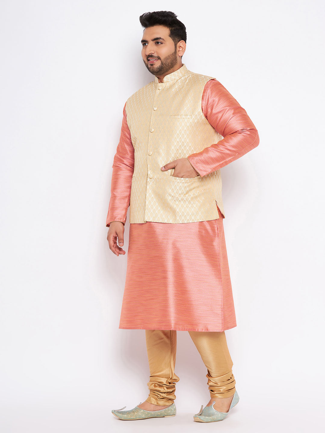 Men's plus size cream ethnic jacket with pink silk blend kurta and golden pyjama set full outfit view