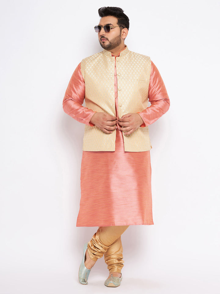 VASTRAMAY Men's Plus Size Cream Ethnic Cream Jacket With Pink Silk Blend Kurta and Golden Pyjama Set