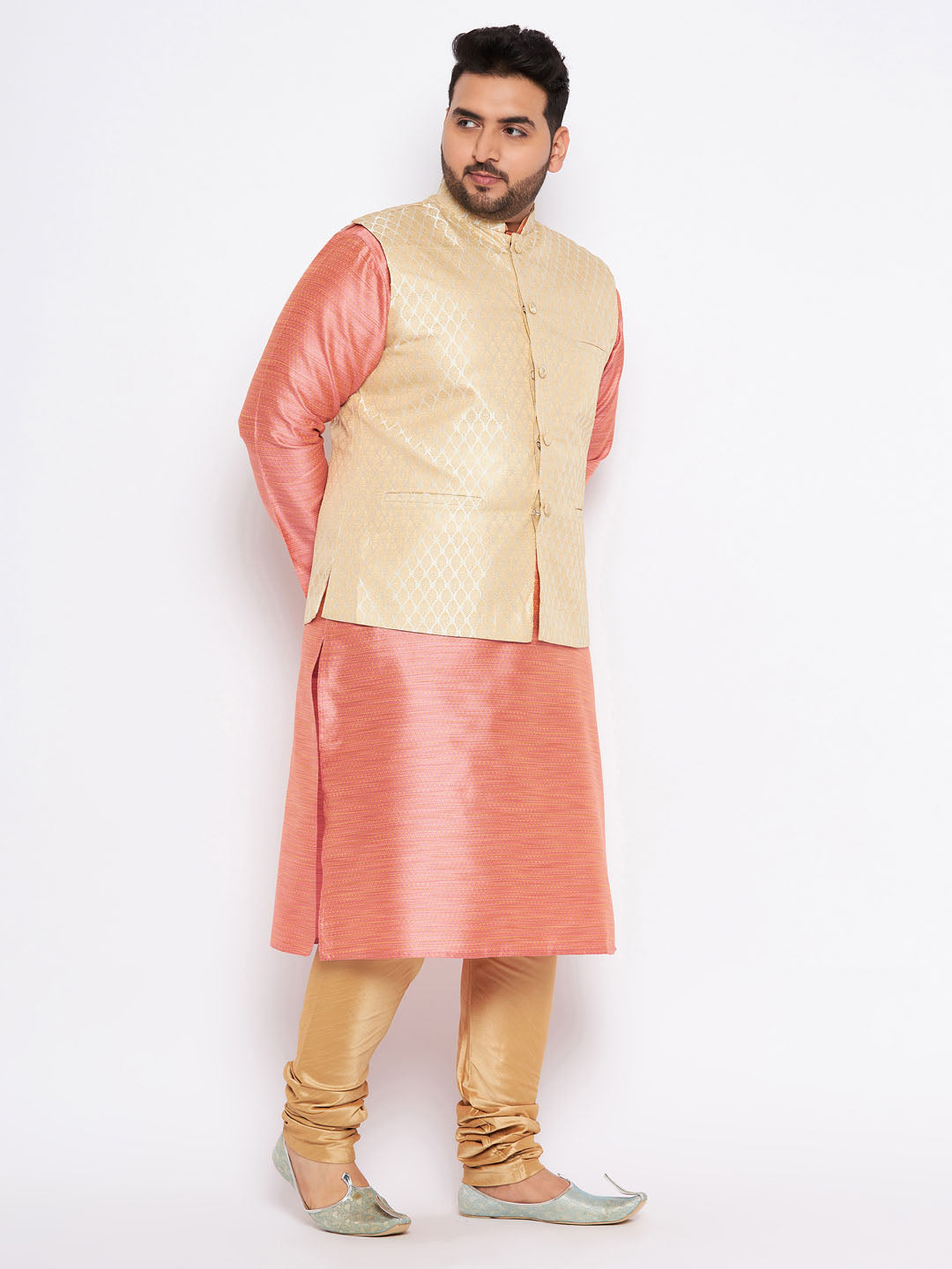 VASTRAMAY Men's Plus Size Cream Ethnic Jacket with Pink Silk Blend Kurta and Golden Pyjama Set - Traditional Indian Outfit for Special Occasions