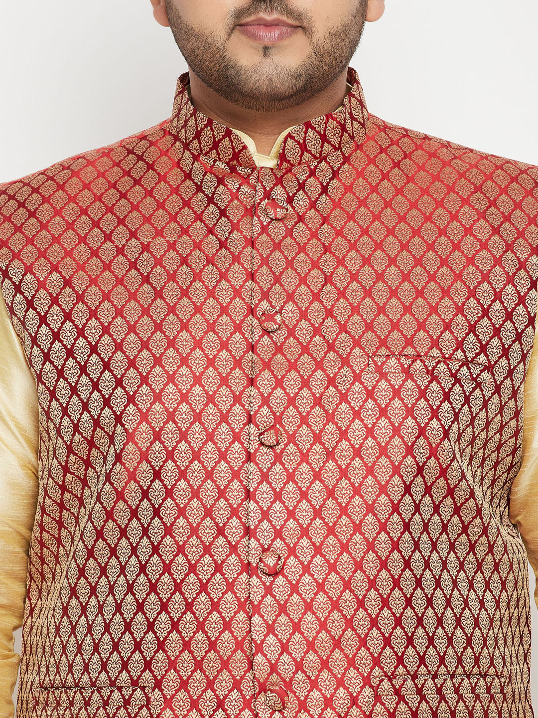 VASTRAMAY Men's Plus Size Maroon Woven Nehru Jacket