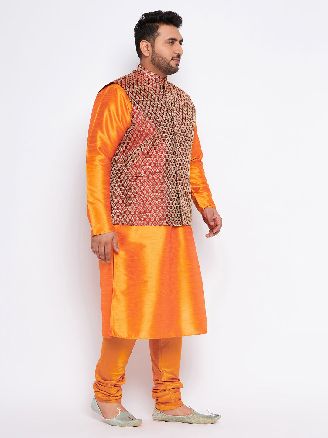 VASTRAMAY Men's Plus Size Maroon Woven Nehru Jacket With Orange Kurta And Pyjama Set