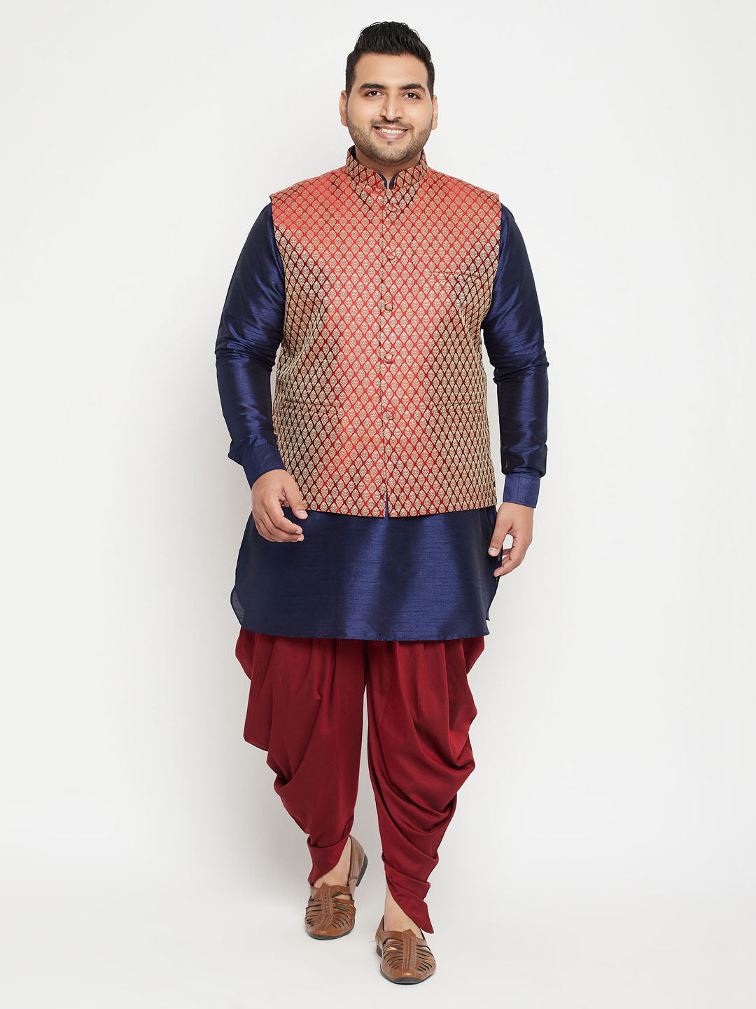 Men's Plus Size Navy Blue And Maroon Silk Blend Jacket Kurta Dhoti Pant Set