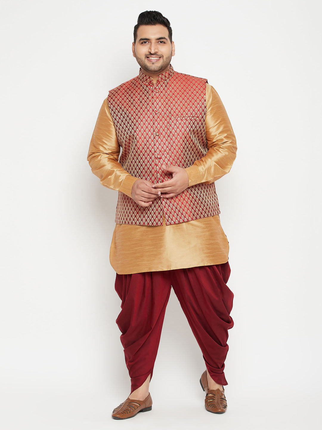 Men's Plus Size Rose Gold And Maroon Silk Blend Jacket Kurta Dhoti Pant Set
