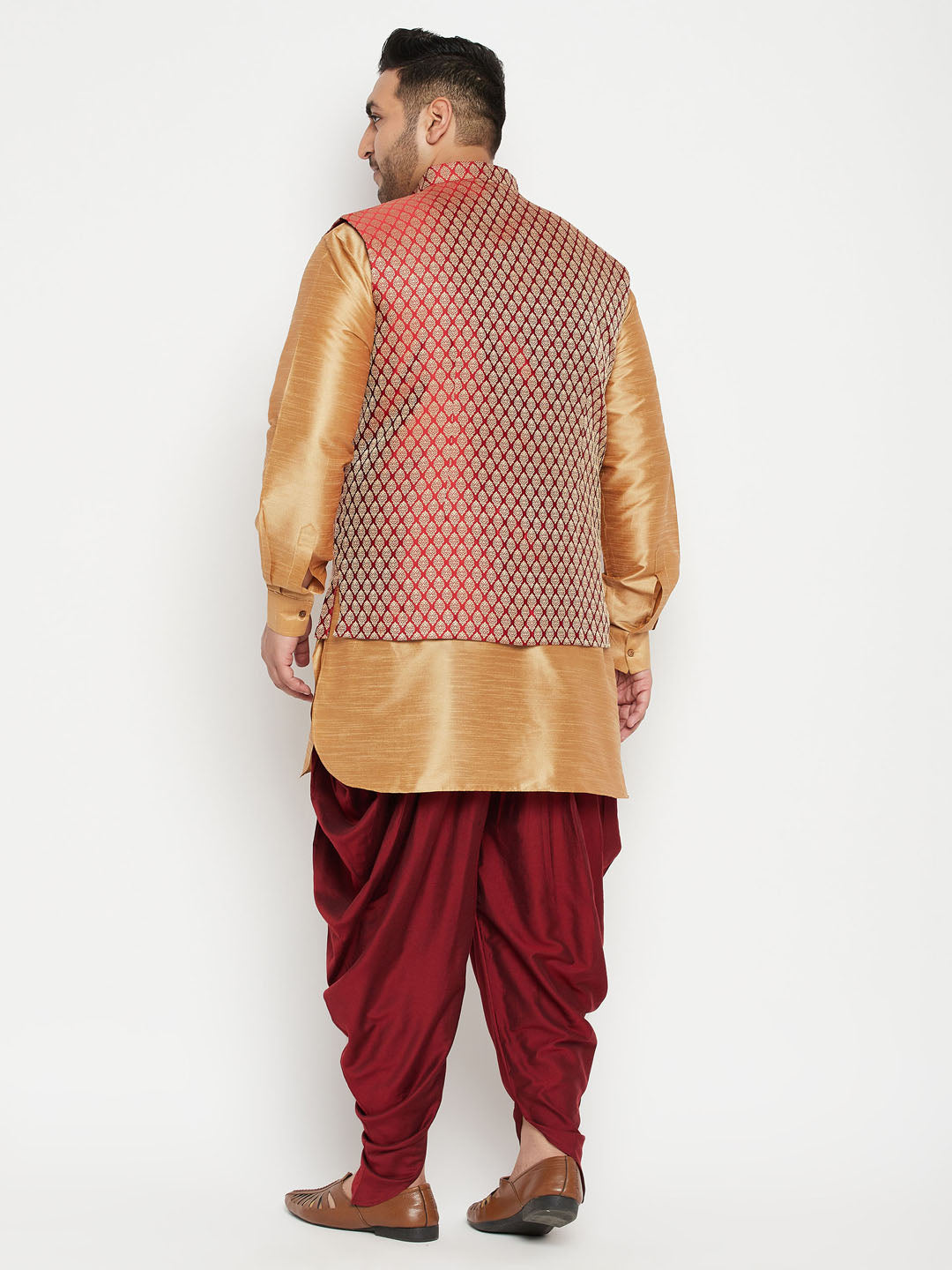 VASTRAMAY Men's Plus Size Rose Gold and Maroon Silk Blend Jacket Kurta Dhoti Pant Set