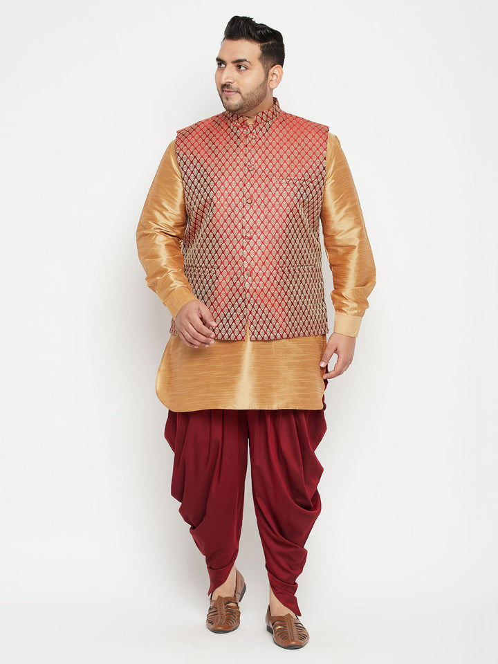 VASTRAMAY men's rose gold and maroon silk blend jacket kurta dhoti pant set for special occasions