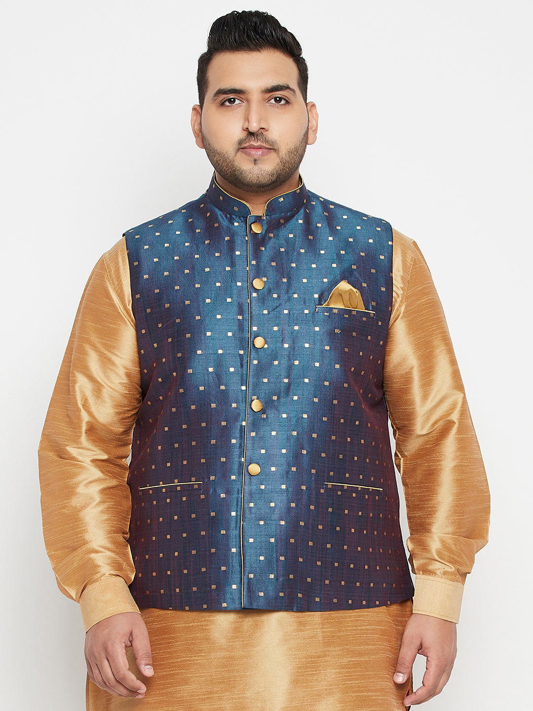 VASTRAMAY Men's Plus Size Blue Zari Weaved Nehru Jacket