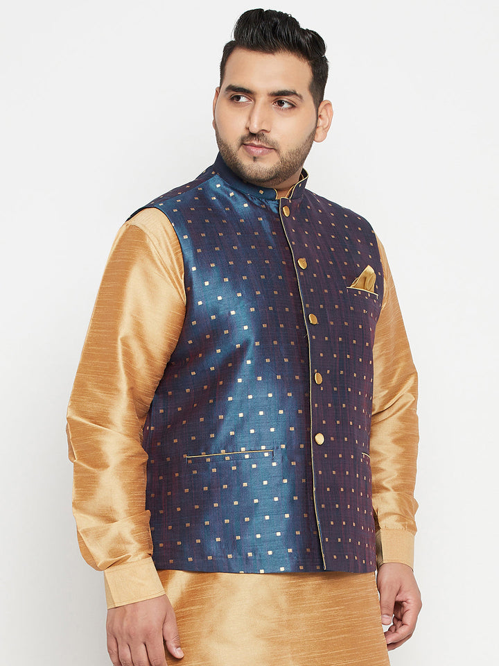 VASTRAMAY Men's Plus Size Blue Zari Weaved Nehru Jacket, perfect for formal occasions with intricate zari detailing and a comfortable, roomy fit