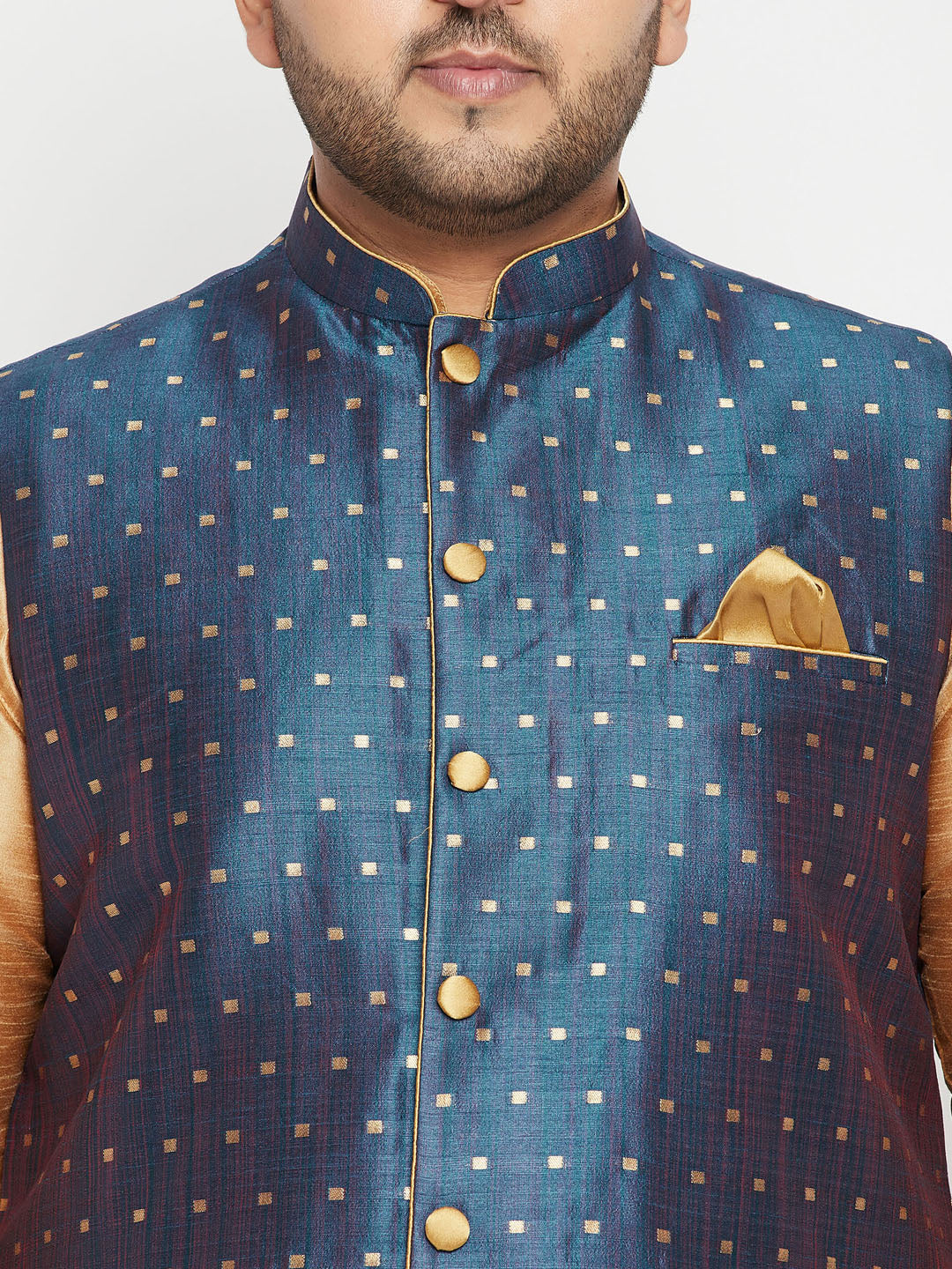  Close-up of the collar and sleeve of VASTRAMAY Men's Plus Size Blue Zari Weaved Nehru Jacket in elegant blue color