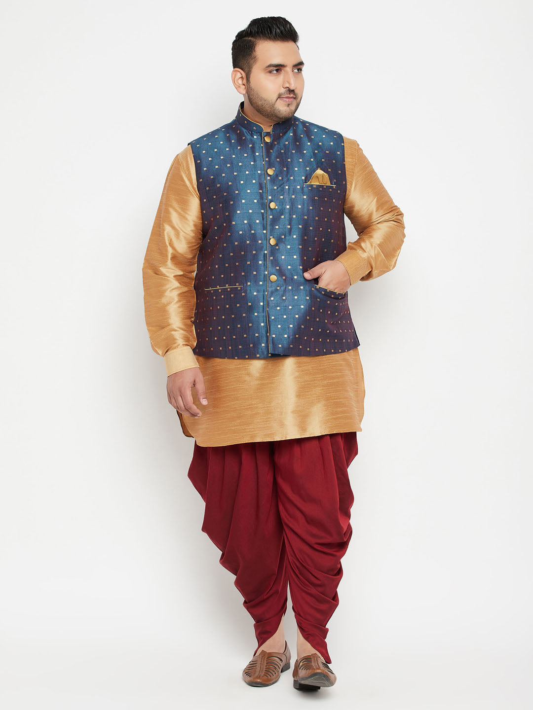 VASTRAMAY Men's Plus Size Blue Zari Weaved Nehru Jacket