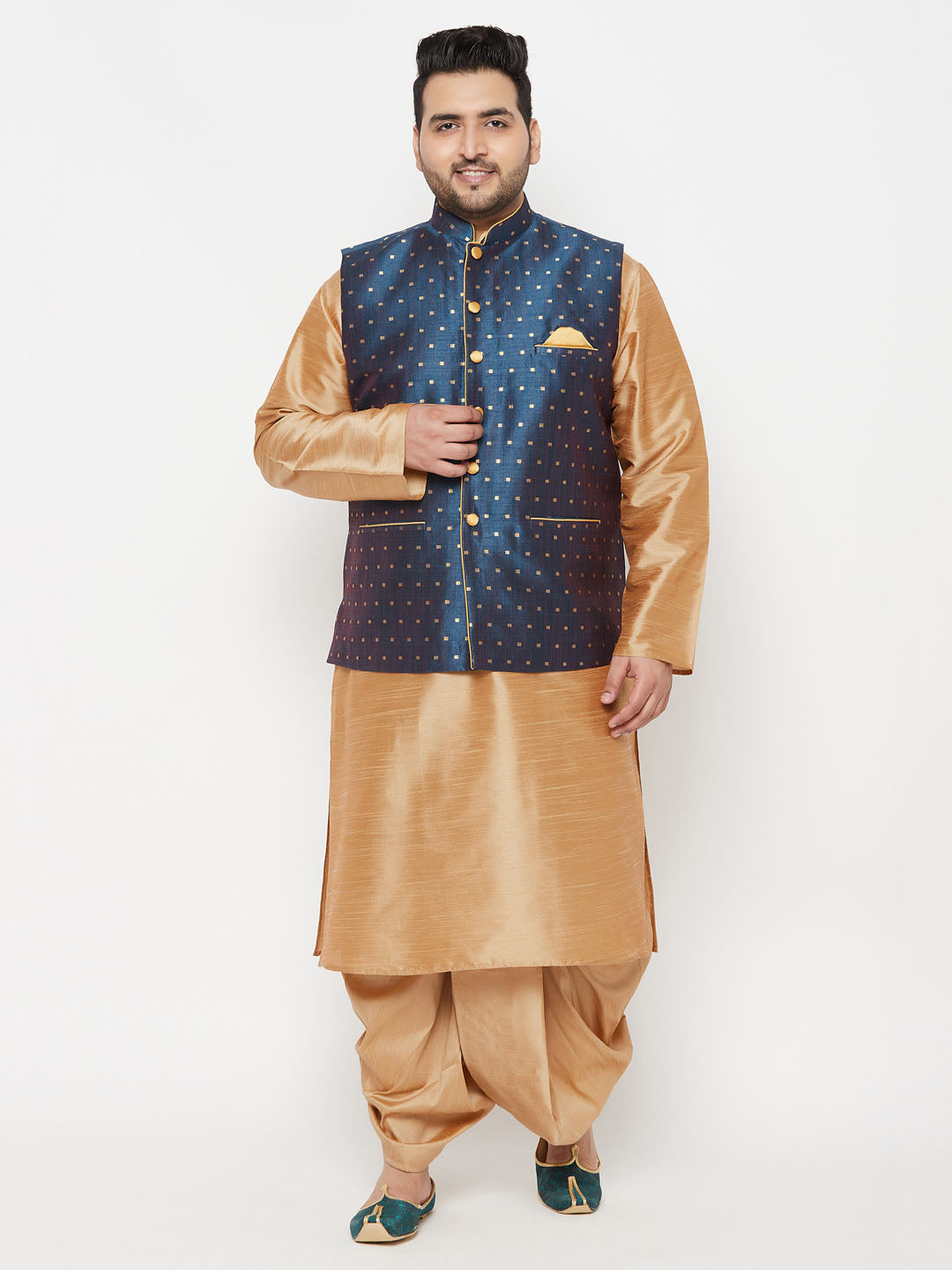 VASTRAMAY PLUS Men's Blue Zari Weaved Nehru Jacket With Kurta Dhoti set